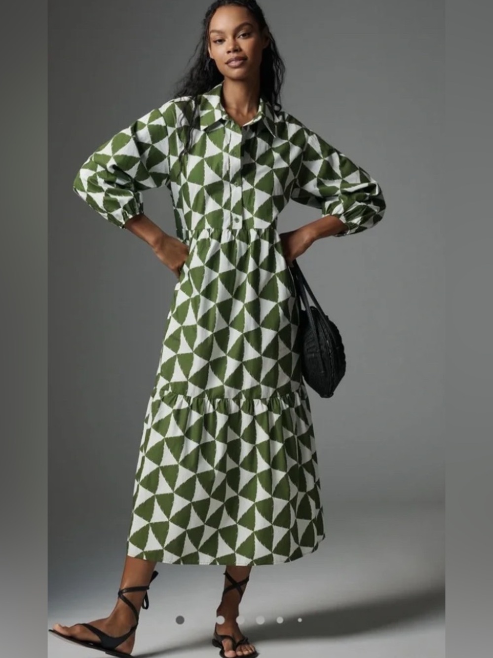 Maeve Green and White Geometric Button-Front Midi Dress